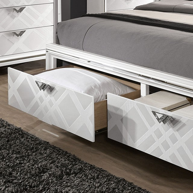 FOA7147WH-4PC 4 pc Emmeline white finish wood art deco design LED lighting queen bedroom set