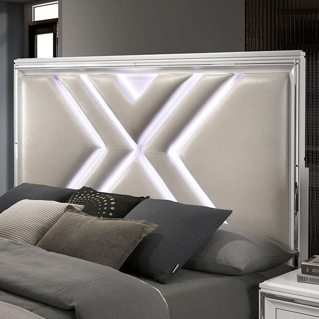 FOA7147WH-4PC 4 pc Emmeline white finish wood art deco design LED lighting queen bedroom set