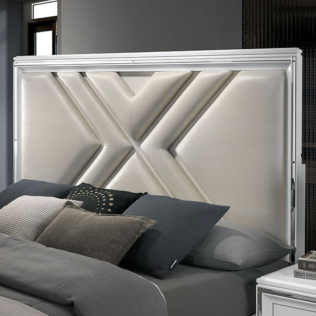 FOA7147WH-4PC 4 pc Emmeline white finish wood art deco design LED lighting queen bedroom set