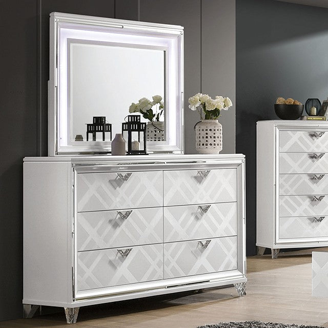 FOA7147WH-4PC 4 pc Emmeline white finish wood art deco design LED lighting queen bedroom set