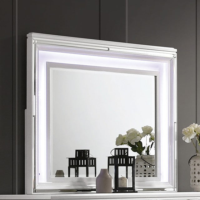 FOA7147WH-4PC 4 pc Emmeline white finish wood art deco design LED lighting queen bedroom set