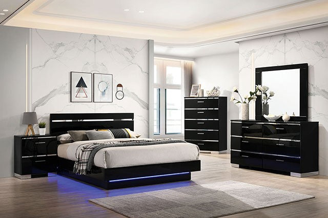 FOA7189-BK 4 pc Rosdorf park Erlach black high gloss finish wood art deco design LED lighting Queen bedroom set