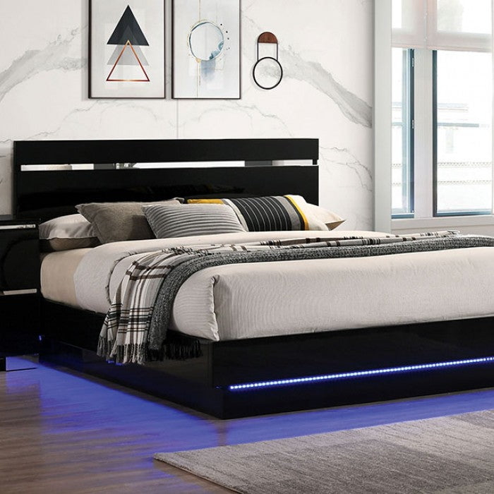 FOA7189-BK 4 pc Rosdorf park Erlach black high gloss finish wood art deco design LED lighting Queen bedroom set
