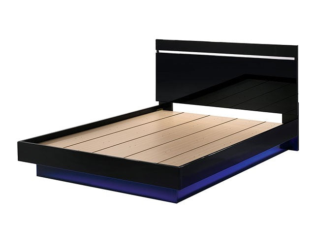 FOA7189-BK 4 pc Rosdorf park Erlach black high gloss finish wood art deco design LED lighting Queen bedroom set
