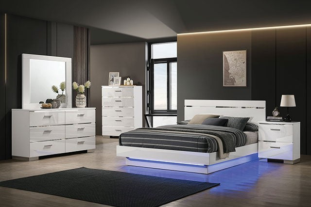 FOA7189 4 pc Rosdorf park Erlach white high gloss finish wood art deco design LED lighting Queen bedroom set