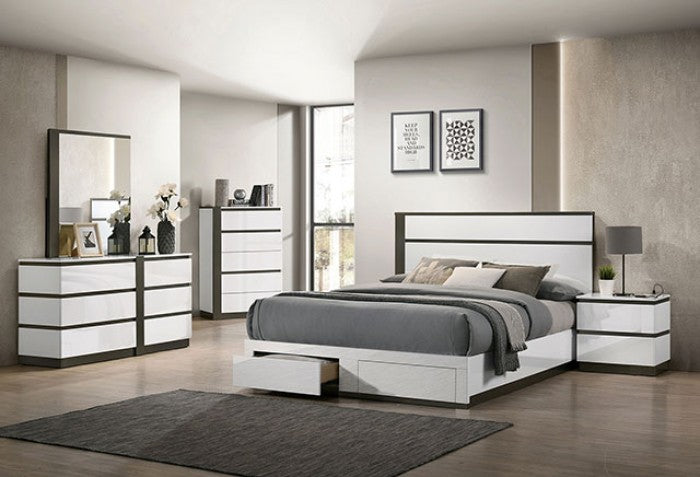FOA7225WH-DR-4PC 4 pc Birsfelden white / metallic grey finish wood modern design platform Queen bedroom set USB