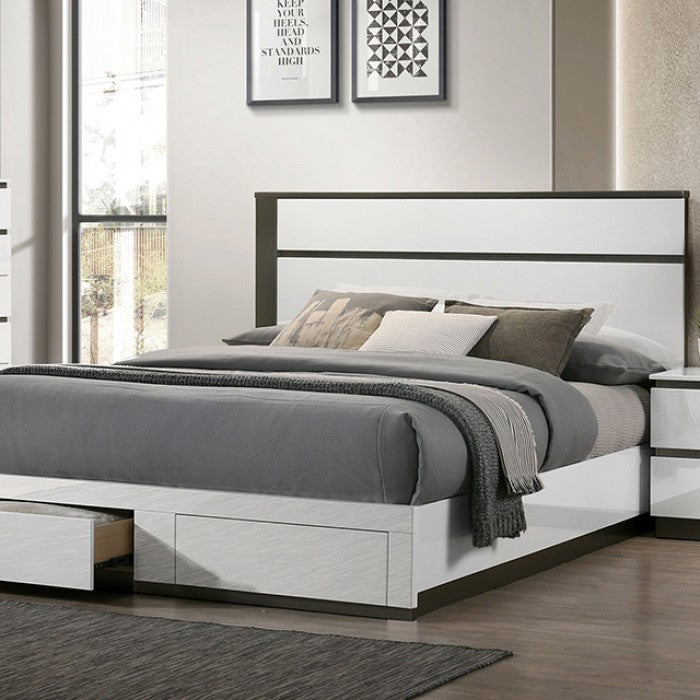 FOA7225WH-DR-4PC 4 pc Birsfelden white / metallic grey finish wood modern design platform Queen bedroom set USB
