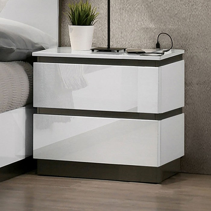 FOA7225WH-DR-4PC 4 pc Birsfelden white / metallic grey finish wood modern design platform Queen bedroom set USB
