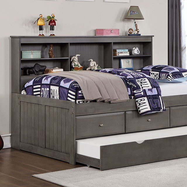 FOA7466GY-F Tibilt grey finish wood full day bed with pull out twin with drawers and storage headboard
