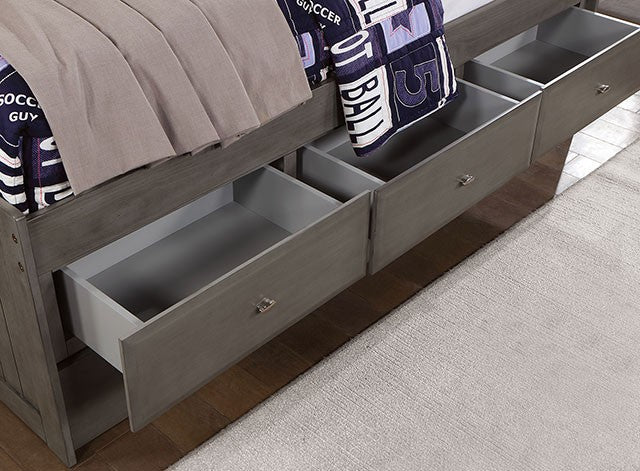 FOA7466GY-T Tibilt grey finish wood twin day bed with pull out twin with drawers and storage headboard