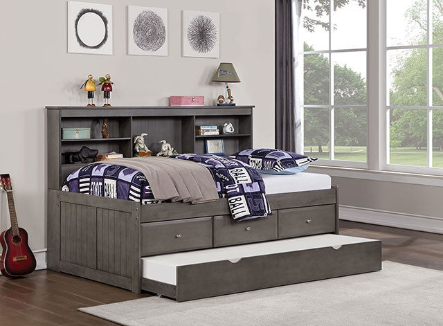 FOA7466GY-F Tibilt grey finish wood full day bed with pull out twin with drawers and storage headboard