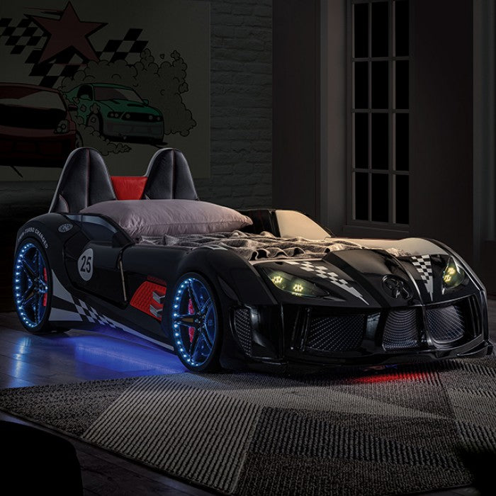 FOA7723BK Hokku designs trackster black racing car style design twin size kids bed w/ LED lights and sounds