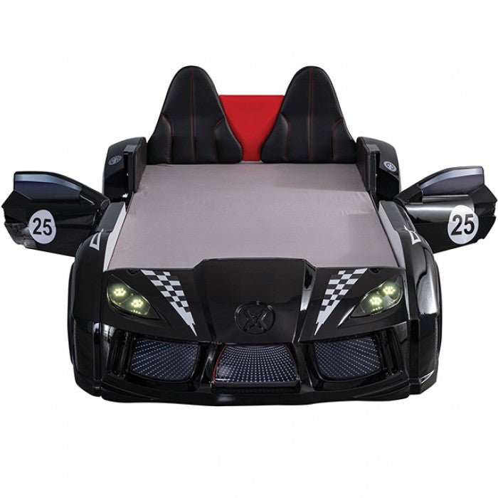 FOA7723BK Hokku designs trackster black racing car style design twin size kids bed w/ LED lights and sounds