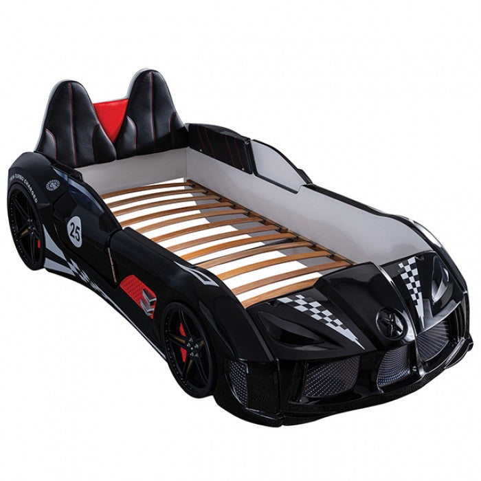 FOA7723BK Hokku designs trackster black racing car style design twin size kids bed w/ LED lights and sounds