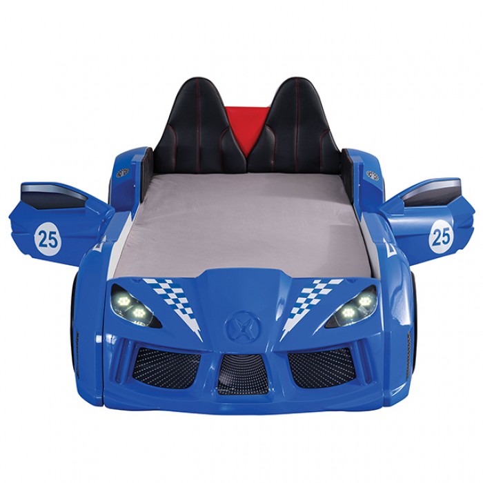 FOA7723BL Hokku designs trackster blue racing car style design twin size kids bed w/ LED lights and sounds