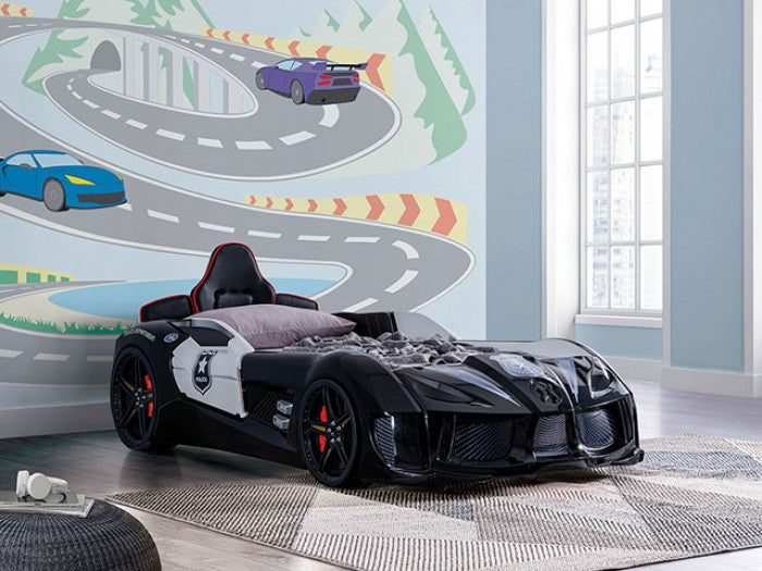 FOA7723PL Hokku designs patrolene black police racing car style design twin size kids bed w/ LED lights and sounds