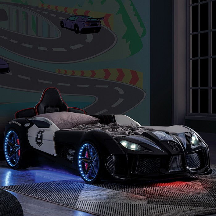 FOA7723PL Hokku designs patrolene black police racing car style design twin size kids bed w/ LED lights and sounds