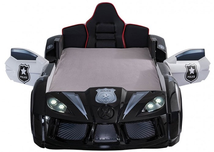 FOA7723PL Hokku designs patrolene black police racing car style design twin size kids bed w/ LED lights and sounds