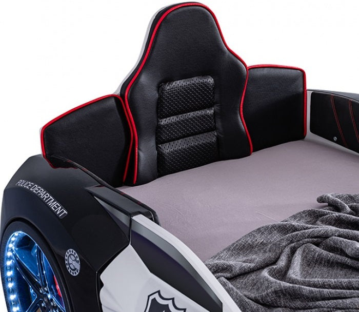 FOA7723PL Hokku designs patrolene black police racing car style design twin size kids bed w/ LED lights and sounds