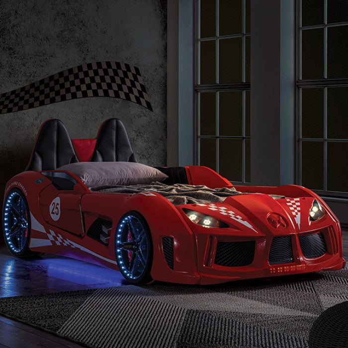 FOA7723RD Hokku designs trackster red racing car style design twin size kids bed w/ LED lights and sounds