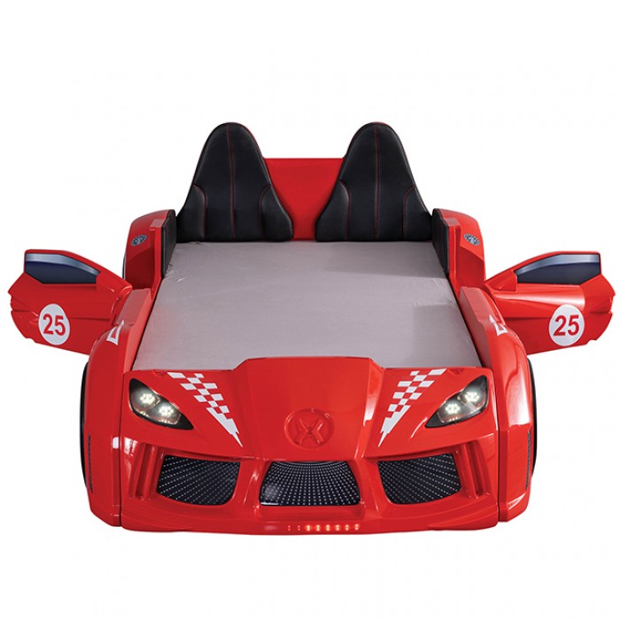 FOA7723RD Hokku designs trackster red racing car style design twin size kids bed w/ LED lights and sounds