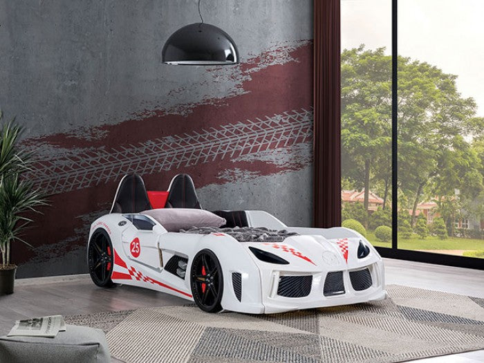 FOA7723WH Hokku designs trackster white racing car style design twin size kids bed w/ LED lights and sounds