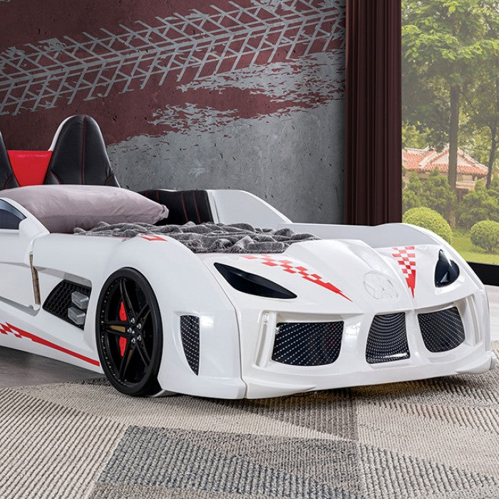 FOA7723WH Hokku designs trackster white racing car style design twin size kids bed w/ LED lights and sounds