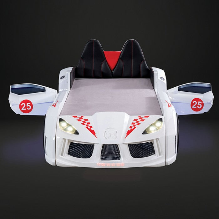 FOA7723WH Hokku designs trackster white racing car style design twin size kids bed w/ LED lights and sounds