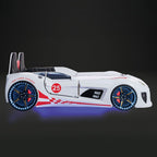 FOA7723WH Hokku designs trackster white racing car style design twin size kids bed w/ LED lights and sounds