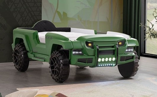 FOA7724GR Hokku designs randlar green jeep 4 X 4 off road SUV design twin size kids bed w/ LED lights and sounds