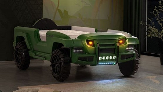 FOA7724GR Hokku designs randlar green jeep 4 X 4 off road SUV design twin size kids bed w/ LED lights and sounds