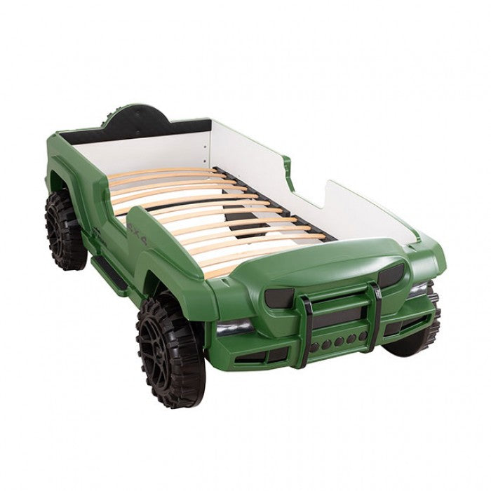 FOA7724GR Hokku designs randlar green jeep 4 X 4 off road SUV design twin size kids bed w/ LED lights and sounds