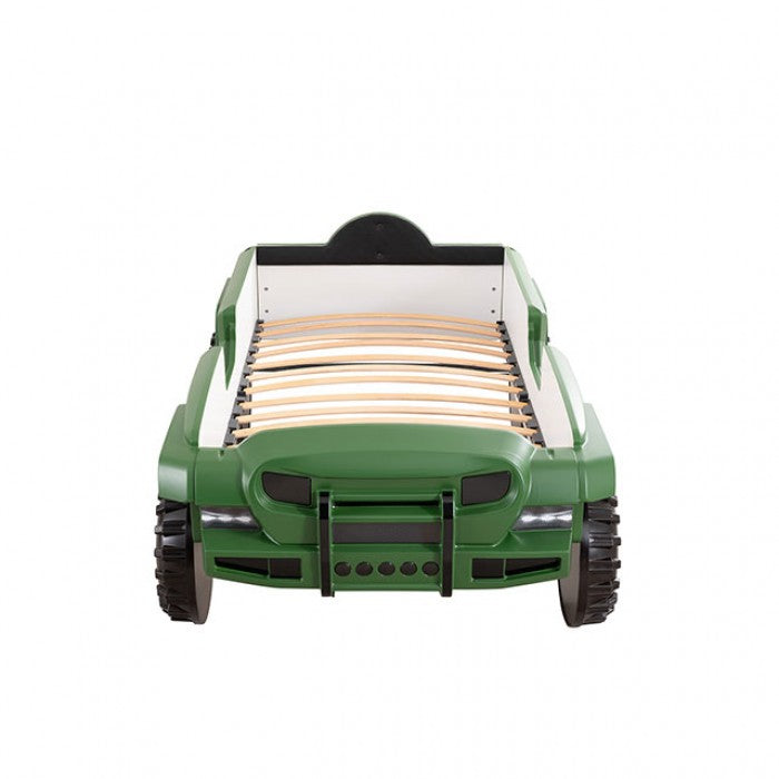 FOA7724GR Hokku designs randlar green jeep 4 X 4 off road SUV design twin size kids bed w/ LED lights and sounds