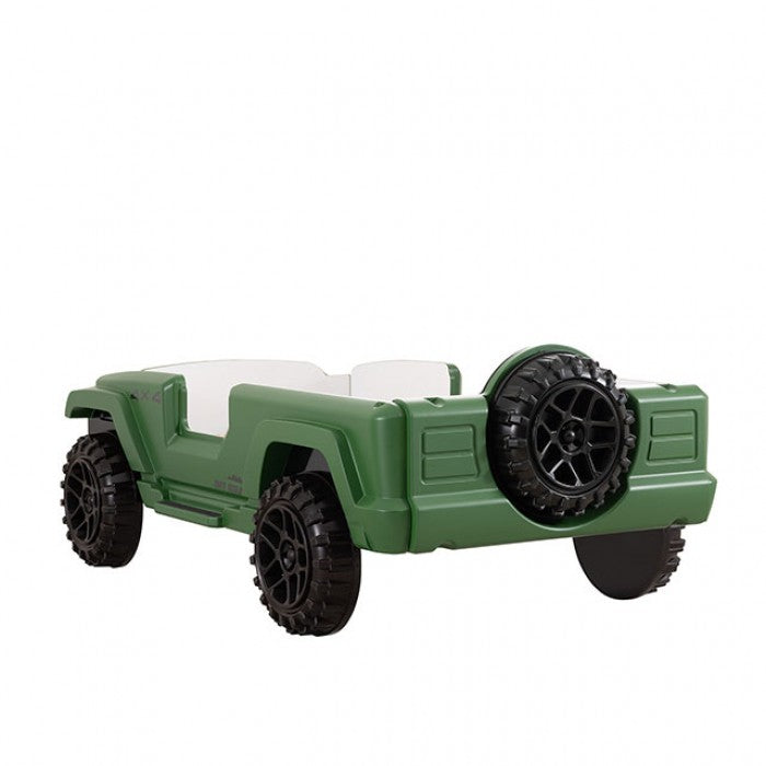 FOA7724GR Hokku designs randlar green jeep 4 X 4 off road SUV design twin size kids bed w/ LED lights and sounds