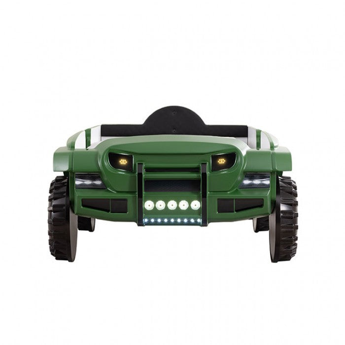 FOA7724GR Hokku designs randlar green jeep 4 X 4 off road SUV design twin size kids bed w/ LED lights and sounds