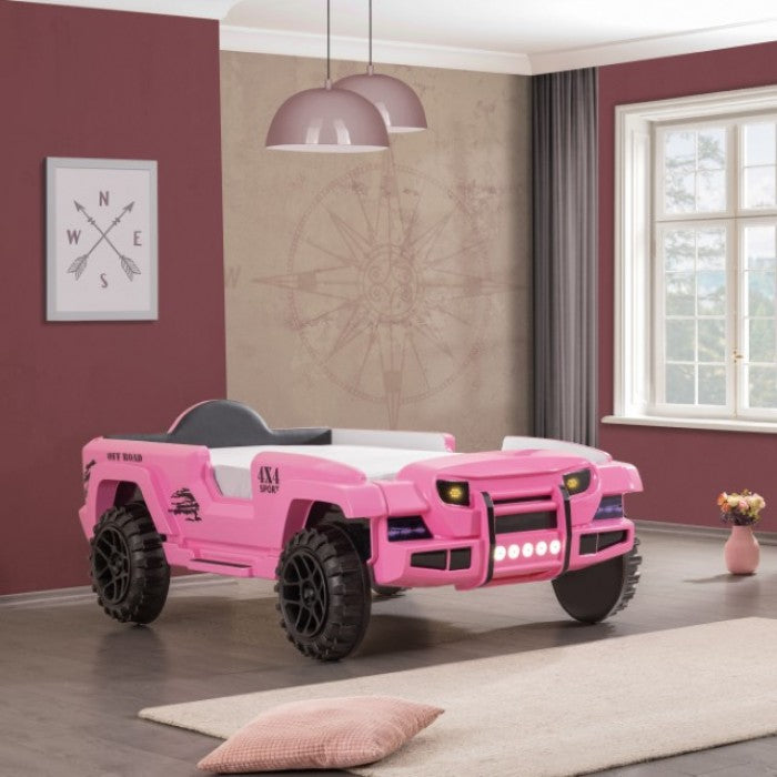FOA7724PK Hokku designs randlar pink jeep 4 X 4 off road SUV design twin size kids bed w/ LED lights and sounds
