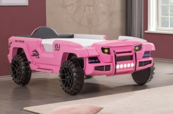 FOA7724PK Hokku designs randlar pink jeep 4 X 4 off road SUV design twin size kids bed w/ LED lights and sounds