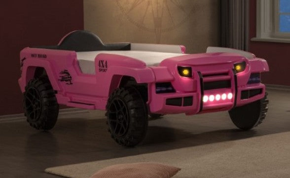 FOA7724PK Hokku designs randlar pink jeep 4 X 4 off road SUV design twin size kids bed w/ LED lights and sounds