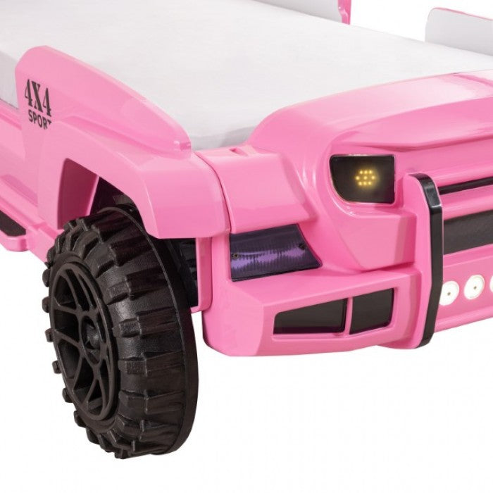 FOA7724PK Hokku designs randlar pink jeep 4 X 4 off road SUV design twin size kids bed w/ LED lights and sounds