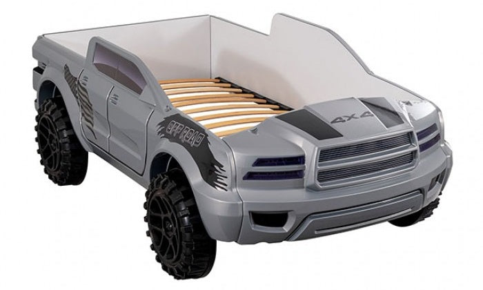 FOA7725GY Hokku designs roverton Grey off road racing truck style jeep design twin size kids bed w/ LED lights