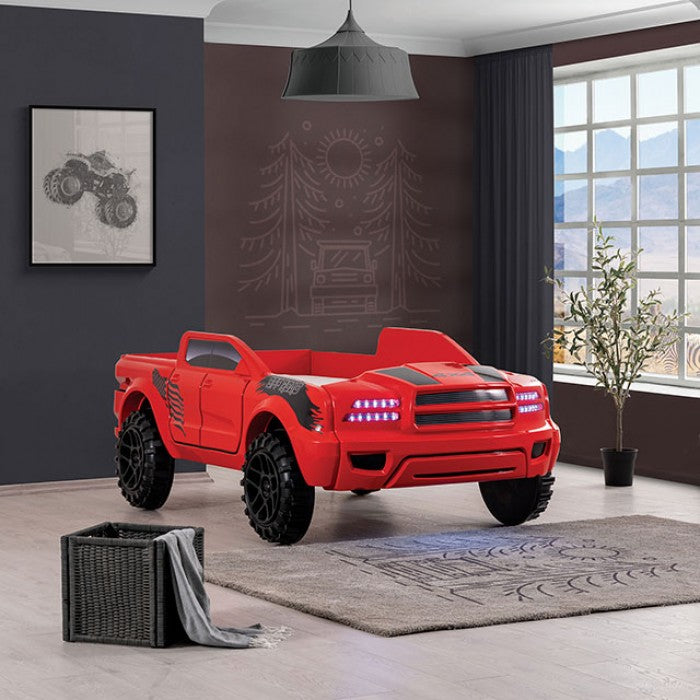 FOA7725RD Hokku designs roverton Red off road racing truck style jeep design twin size kids bed w/ LED lights