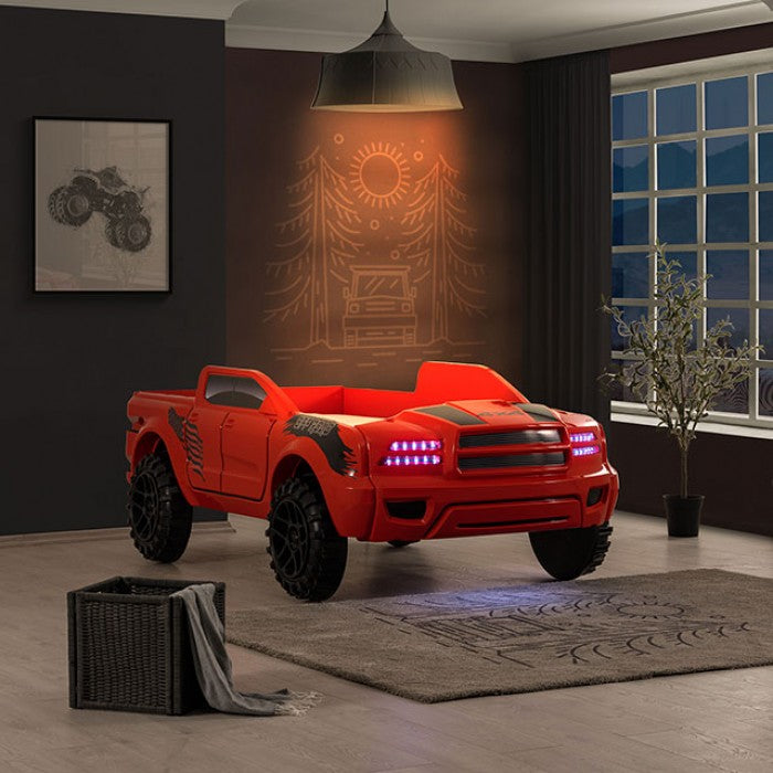 FOA7725RD Hokku designs roverton Red off road racing truck style jeep design twin size kids bed w/ LED lights