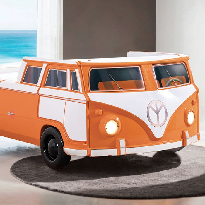 FOA7726OR Hokku designs axel orange peace bus VW style design twin size kids bed w/ LED lights and sounds