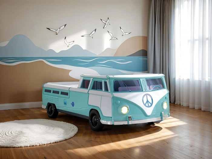 FOA7726TL Hokku designs axel teal peace bus VW style design twin size kids bed w/ LED lights and sounds