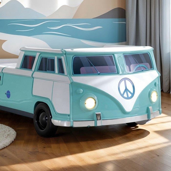 FOA7726TL Hokku designs axel teal peace bus VW style design twin size kids bed w/ LED lights and sounds