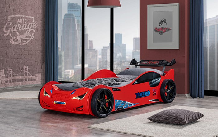 FOA7730RD Roadstar red racing car style design twin size kids bed w/ LED lights