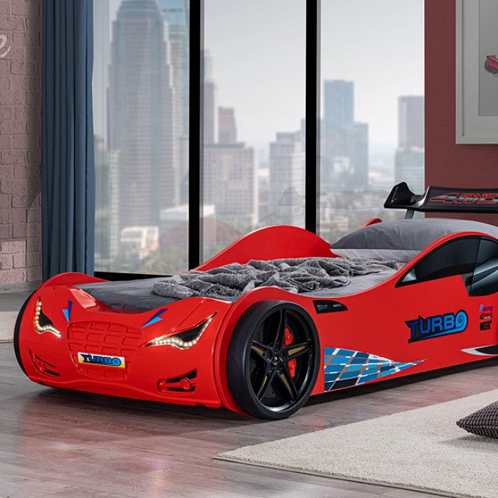 FOA7730RD Roadstar red racing car style design twin size kids bed w/ LED lights