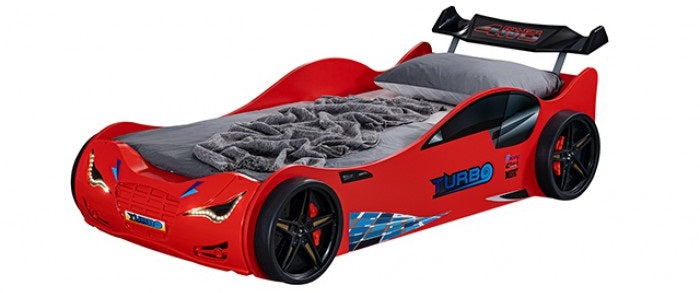 FOA7730RD Roadstar red racing car style design twin size kids bed w/ LED lights