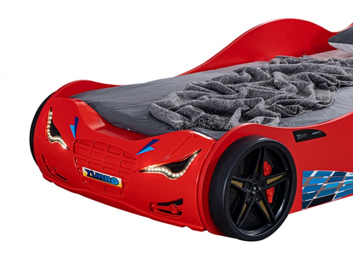 FOA7730RD Roadstar red racing car style design twin size kids bed w/ LED lights