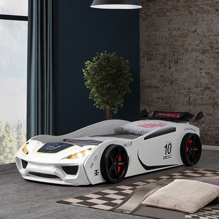 FOA7731WH Pacefinder white racing car style design twin size kids bed w/ LED lights